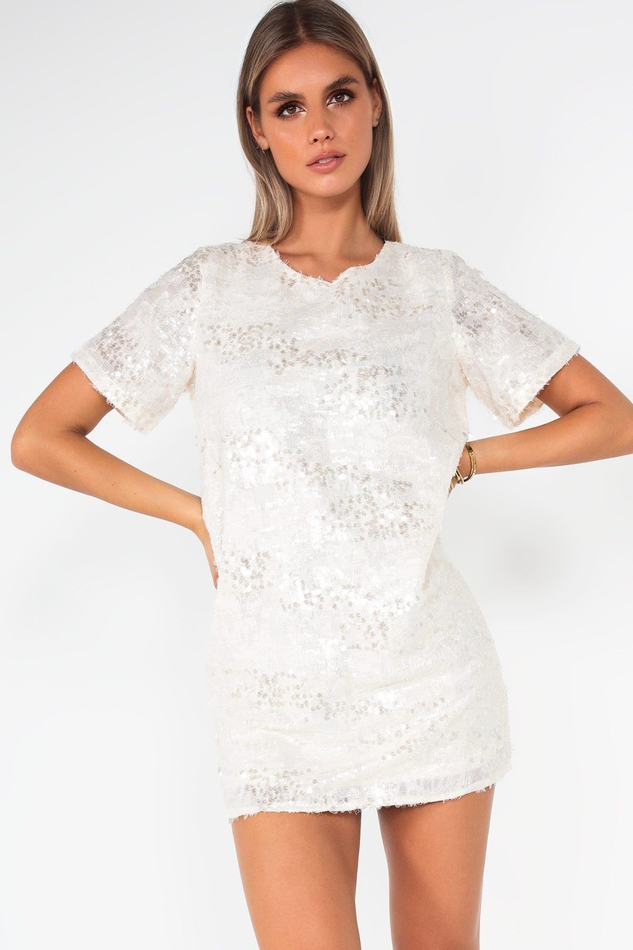 Clothing IVIV | Veda Cream Sequin T-Shirt Dress