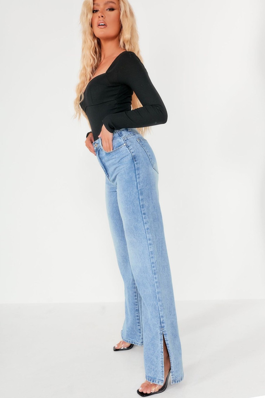 Clothing Zilene | Hailee Blue Wash Split Hem Straight Leg Jeans