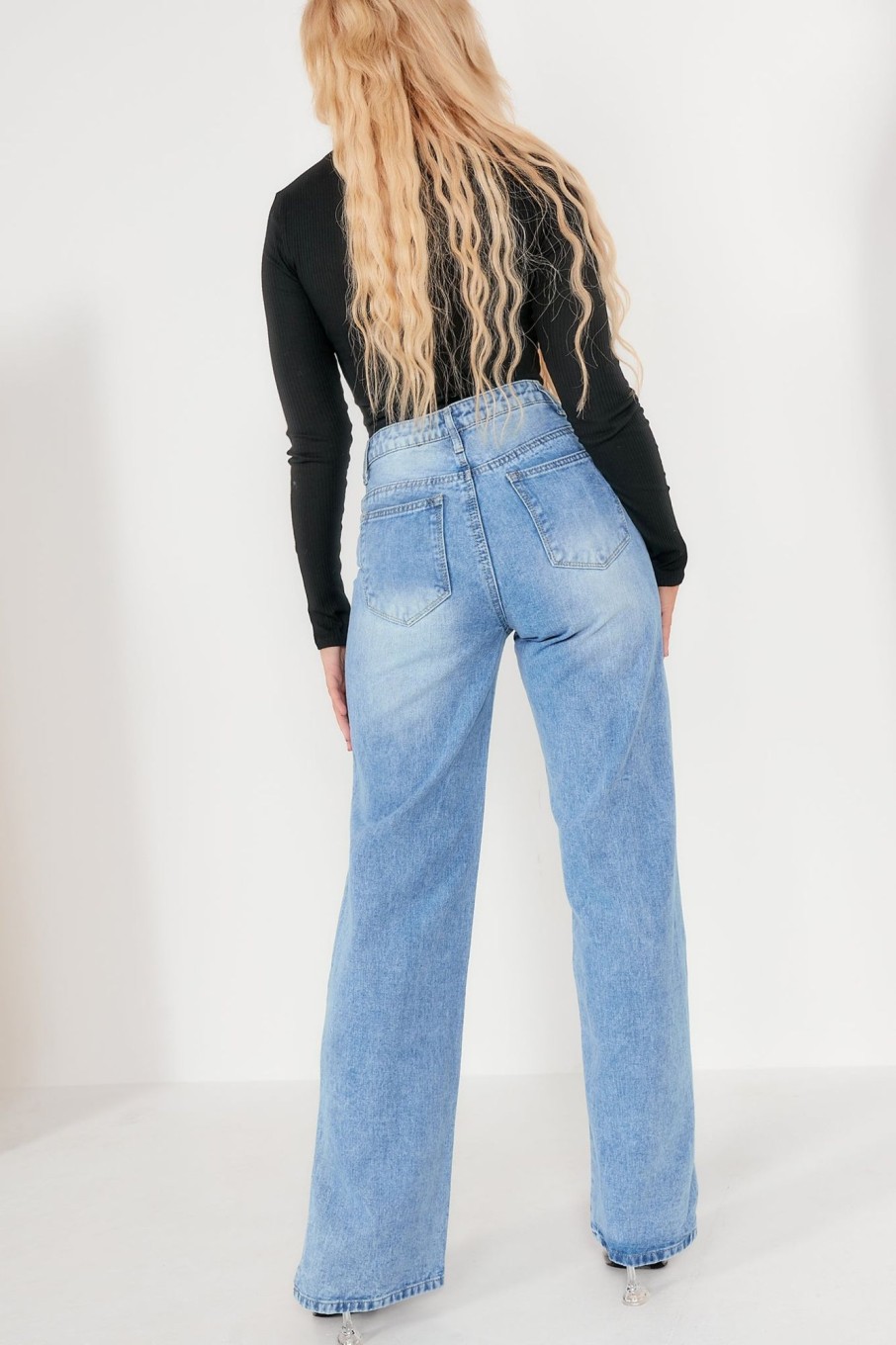 Clothing Zilene | Hailee Blue Wash Split Hem Straight Leg Jeans