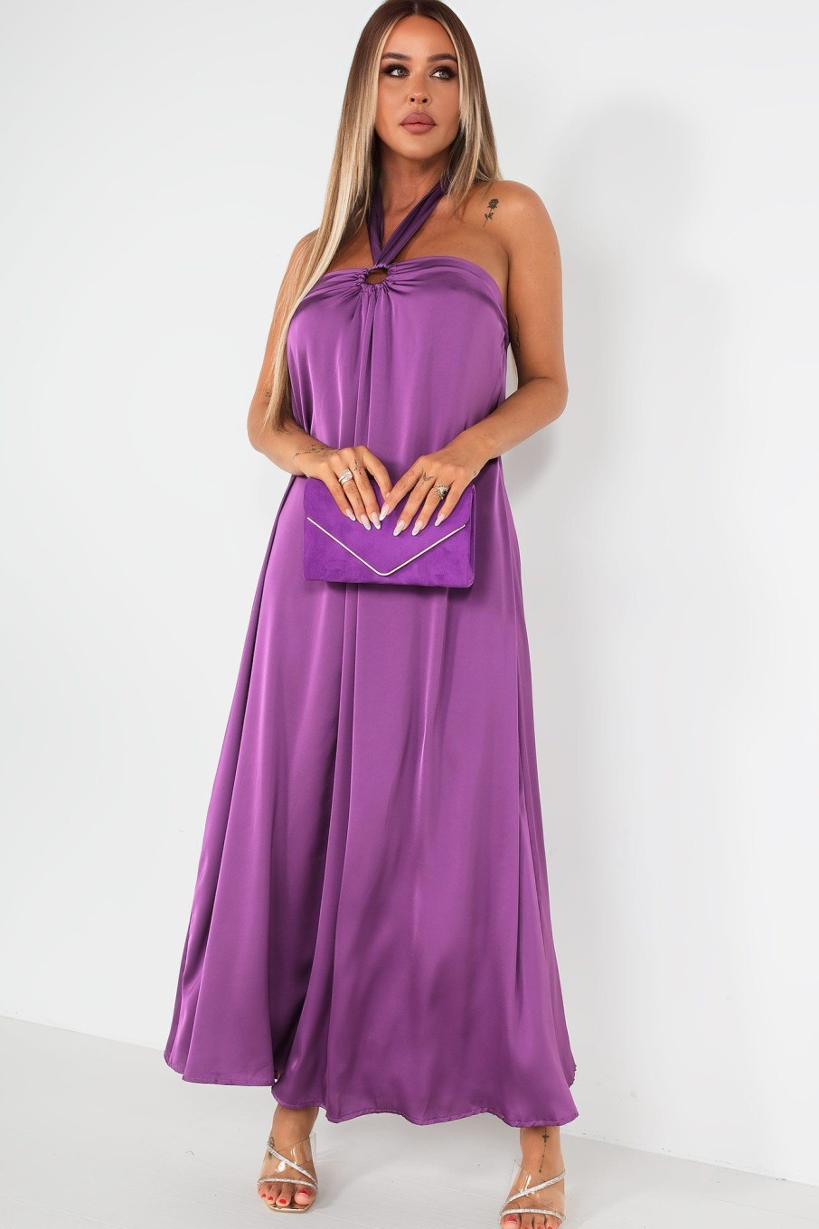 Clothing Copper Rose | Quetta Purple Satin Halter Neck Dress