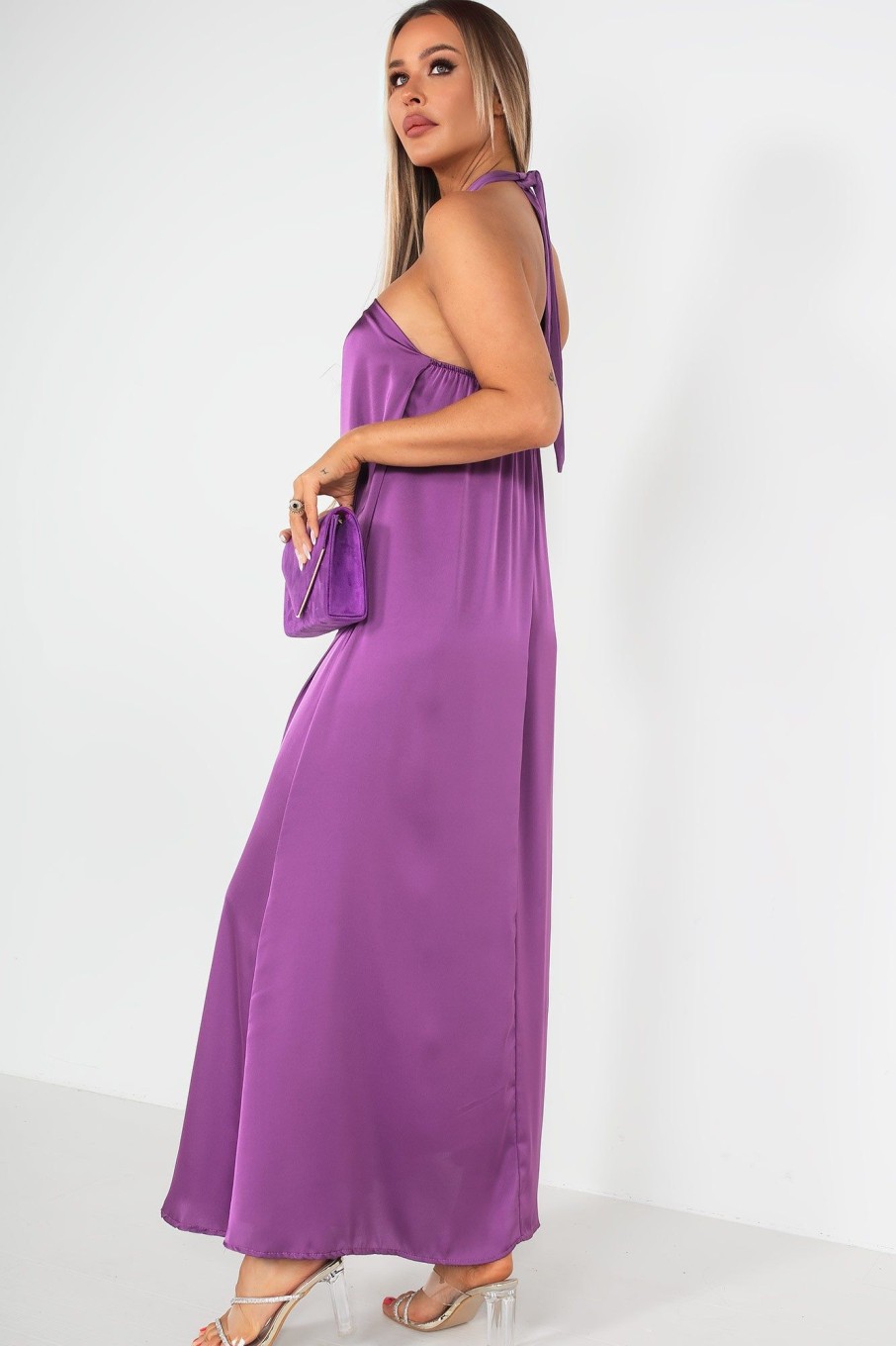 Clothing Copper Rose | Quetta Purple Satin Halter Neck Dress