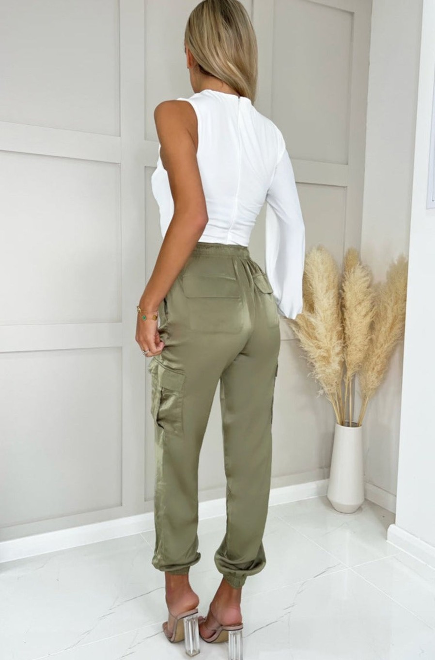 Clothing AX Paris | Ax Paris Tasmin Khaki Satin Cargo Trousers