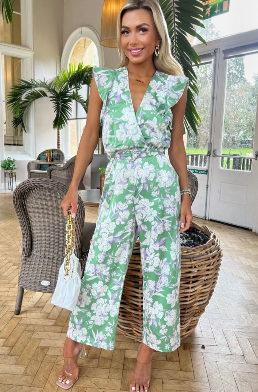 Clothing AX Paris | Ax Paris Iliana Green Satin Floral Jumpsuit