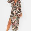 Clothing Copper Rose | Greyson Khaki Printed Knot Front Midi Dress