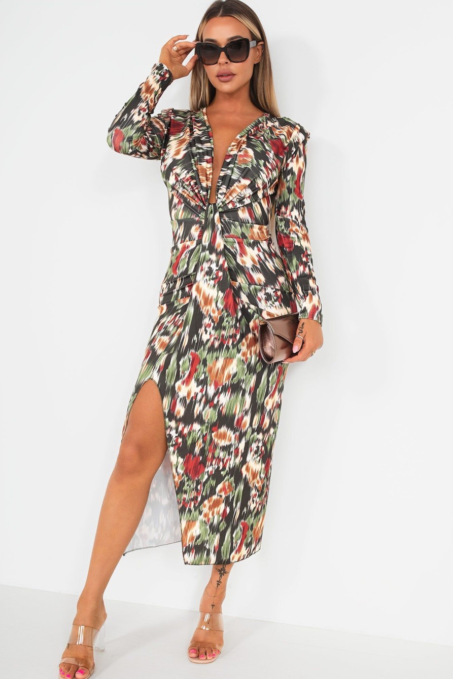 Clothing Copper Rose | Greyson Khaki Printed Knot Front Midi Dress