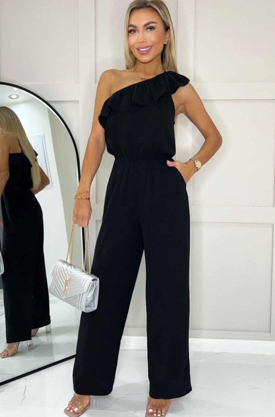 Clothing AX Paris | Ax Paris Hilary Black One Shoulder Jumpsuit