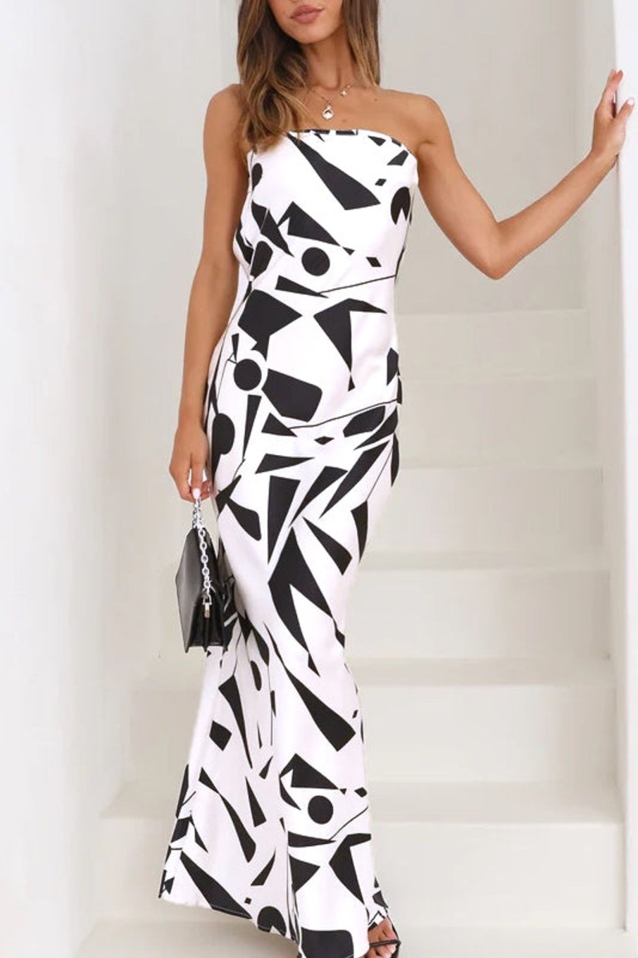 Clothing Moguland | Irene White Satin Print Dress