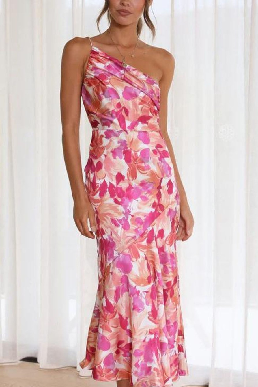 Clothing Moguland | Hailey Pink Satin Print Dress