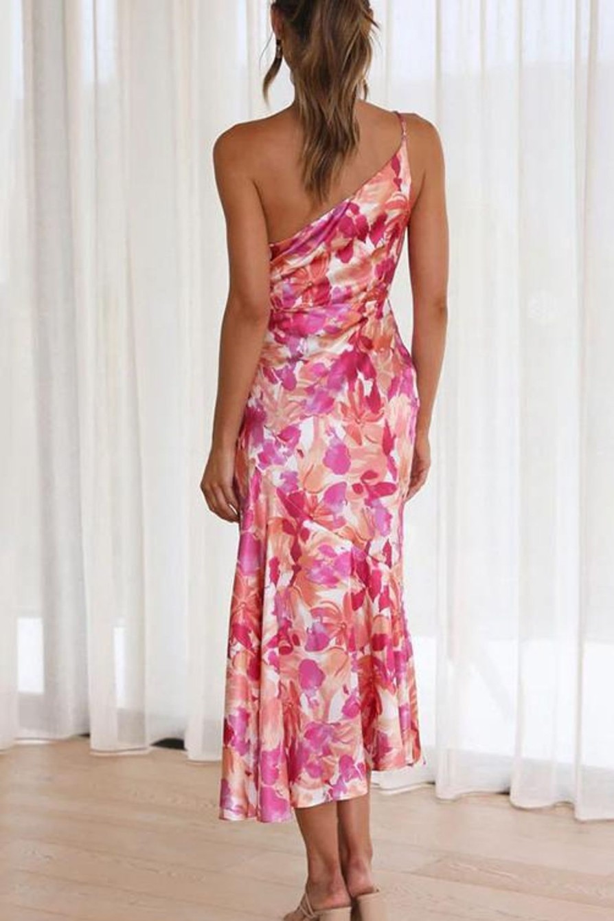 Clothing Moguland | Hailey Pink Satin Print Dress