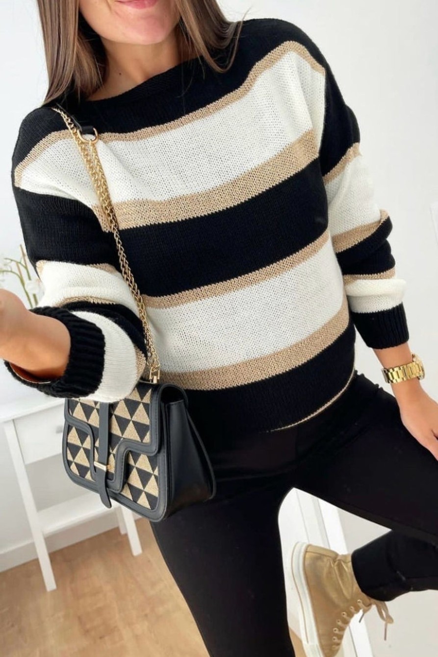 Clothing Estee Brown | Nayla Black And Gold Knit Striped Jumper