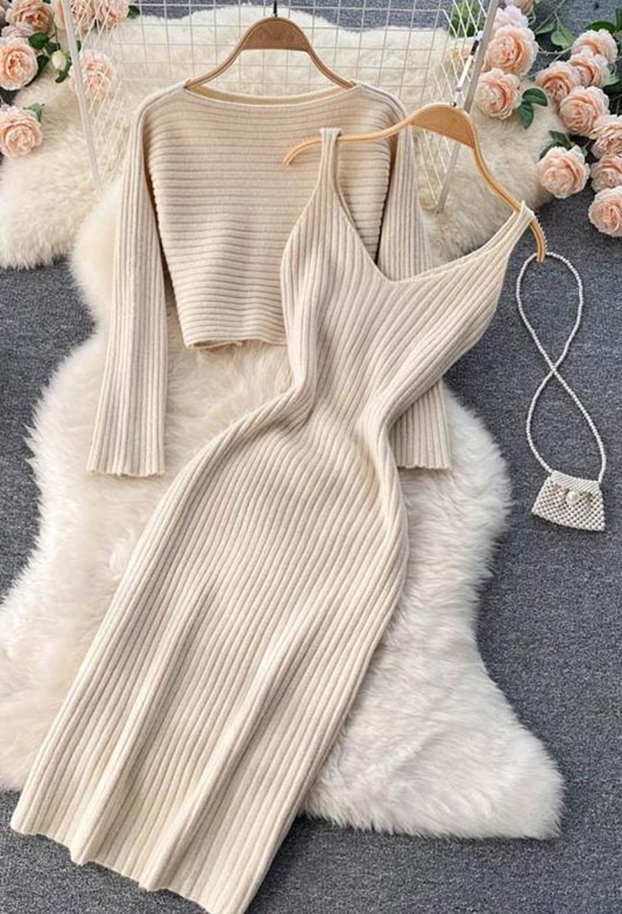 Clothing Golden Days | Raquel Stone Ribbed Dress Set