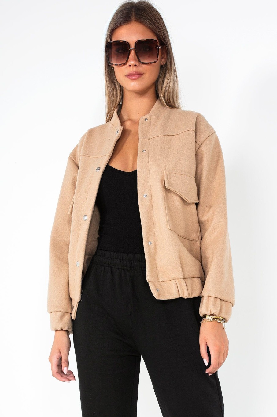 Clothing Willy Z | Hallie Camel Wool Look Bomber Jacket