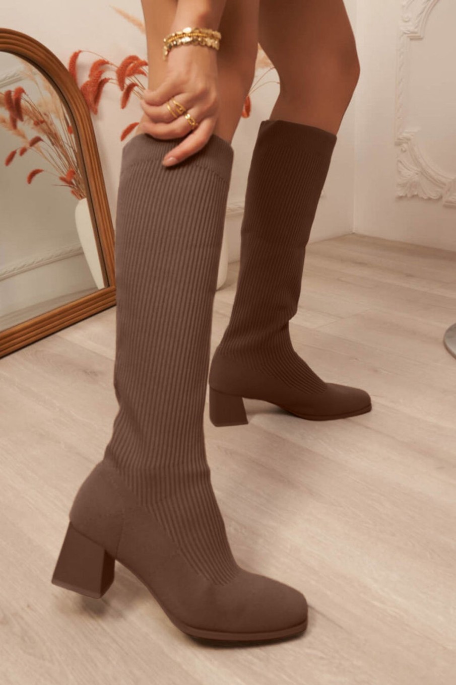 Clothing Ideal | Tessa Chocolate Knit Knee High Boots