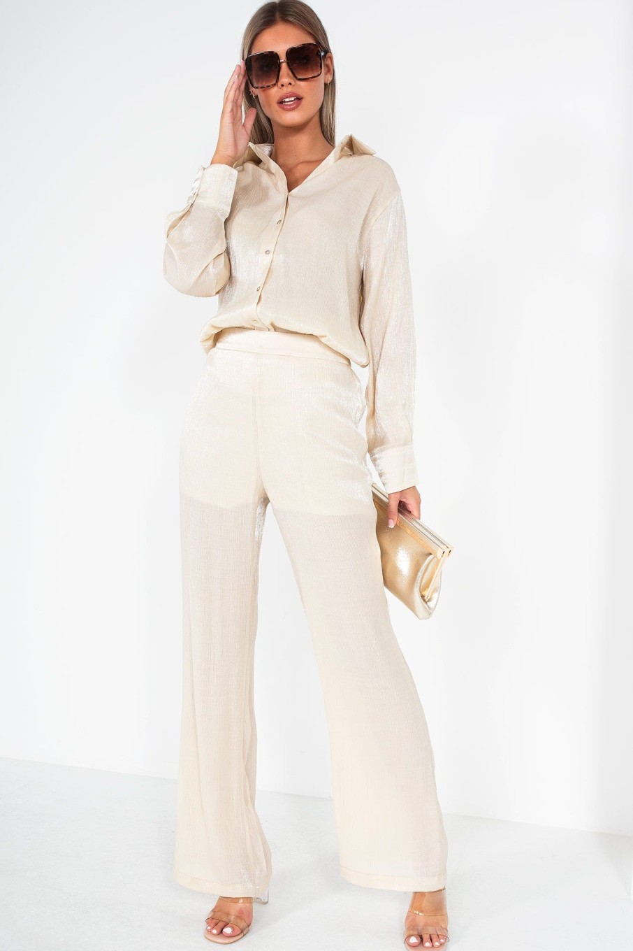 Clothing ally | Nicole Cream Shimmer Wide Leg Trousers