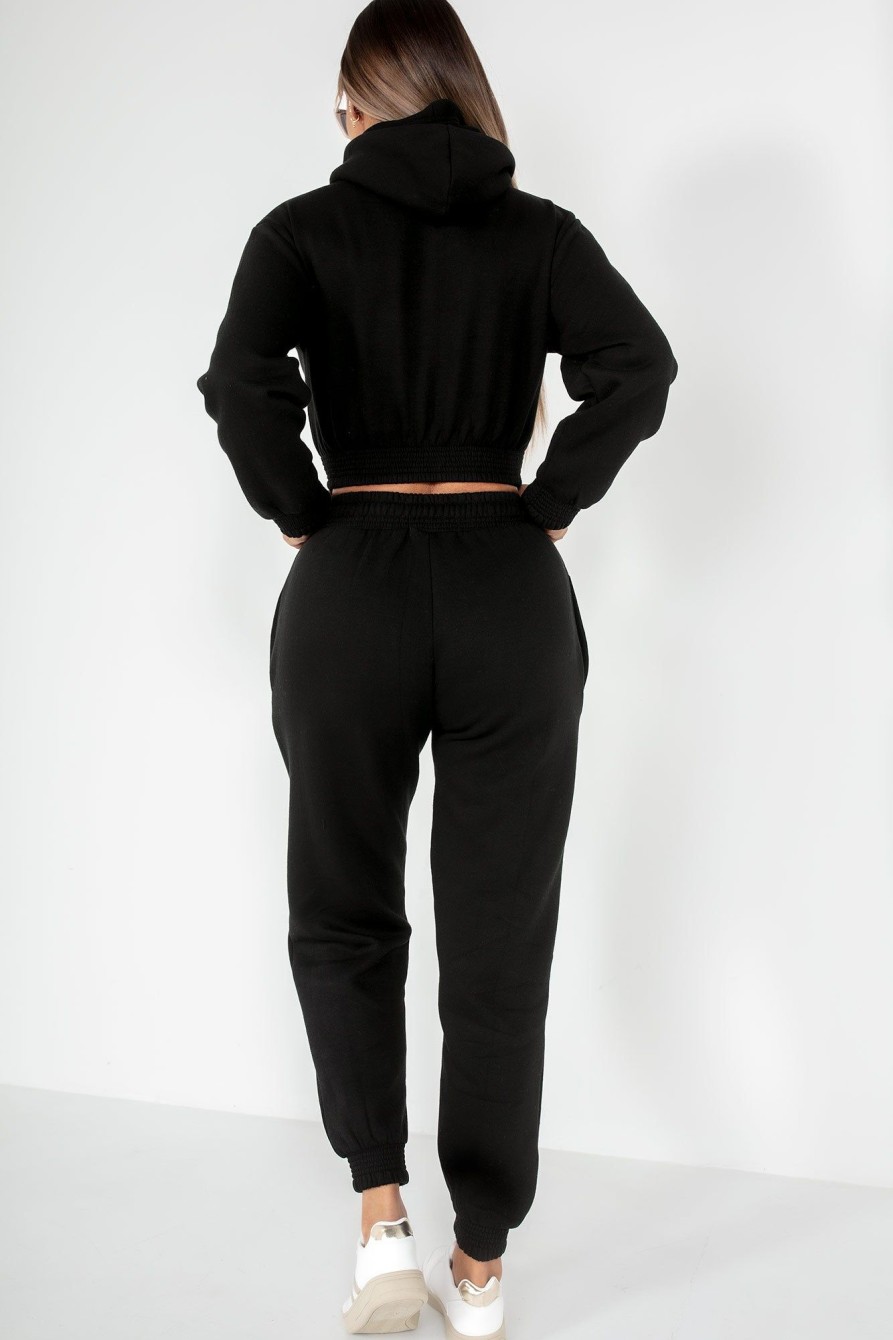 Clothing Style Wise | Priya Black Crop Hooded Jogger Co Ord