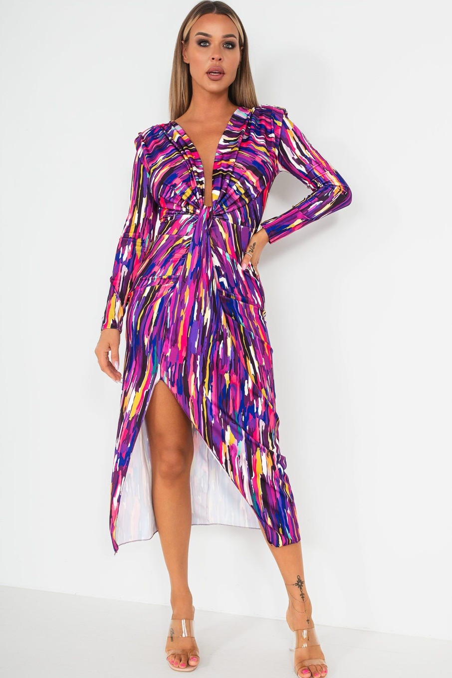 Clothing Copper Rose | Ivy Purple Printed Knot Front Midi Dress