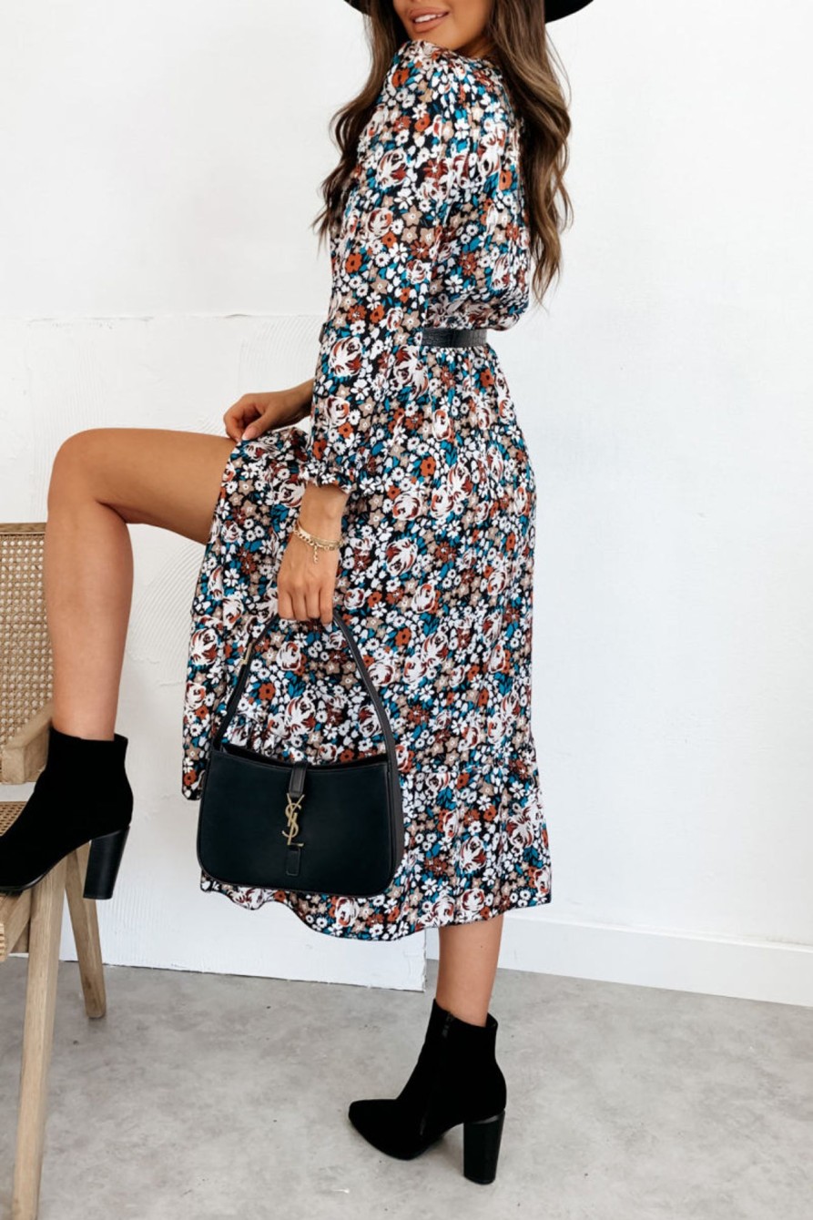 Clothing Willy Z | Victoria Brown And Teal Floral Print Midi Dress