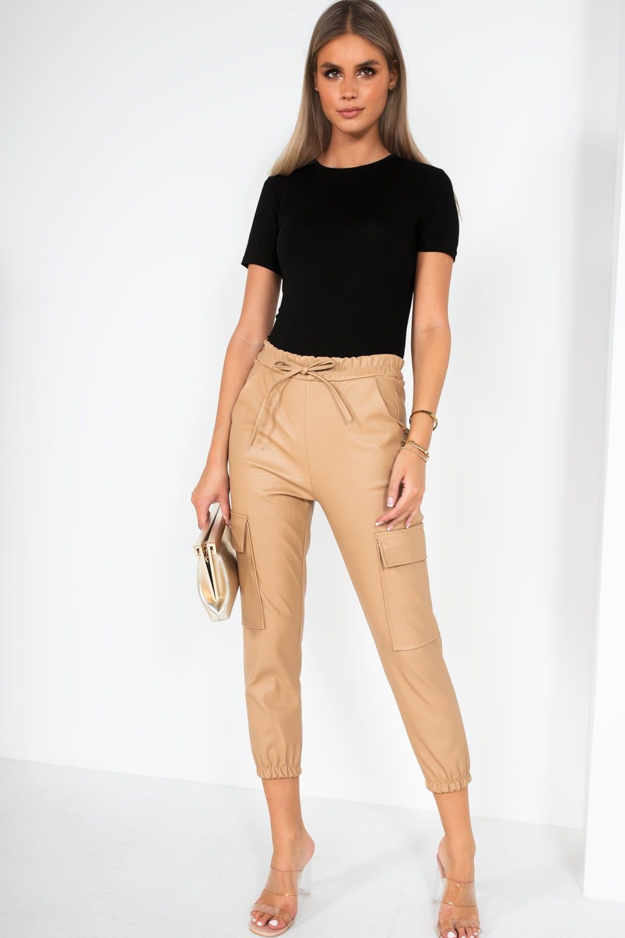 Clothing Estee Brown | Nailah Camel Faux Leather Cargo Trousers