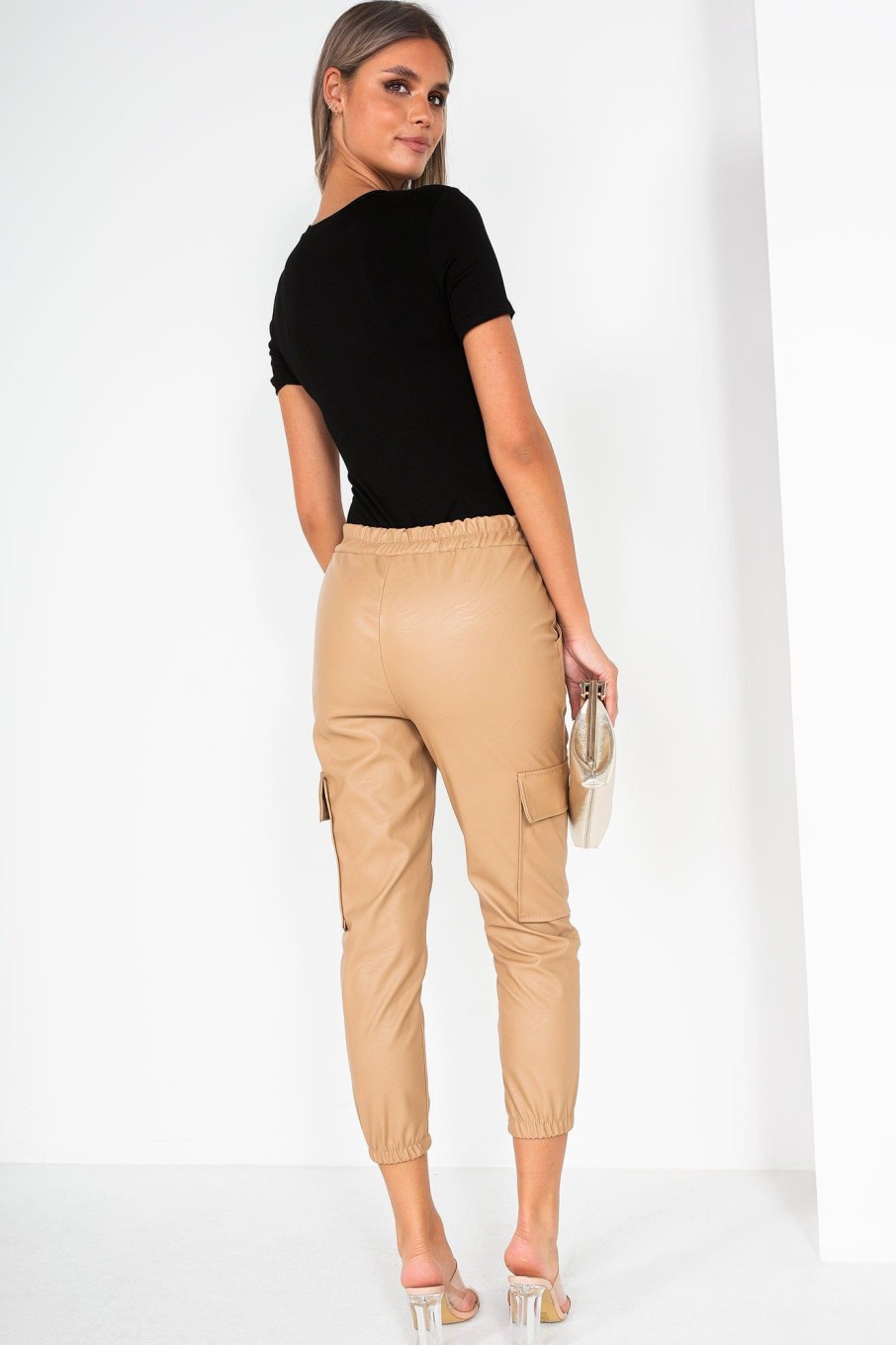 Clothing Estee Brown | Nailah Camel Faux Leather Cargo Trousers