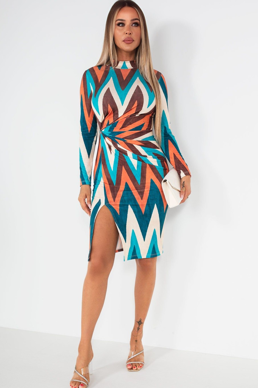 Clothing Copper Rose | Gilson Teal Print Ruched Dress