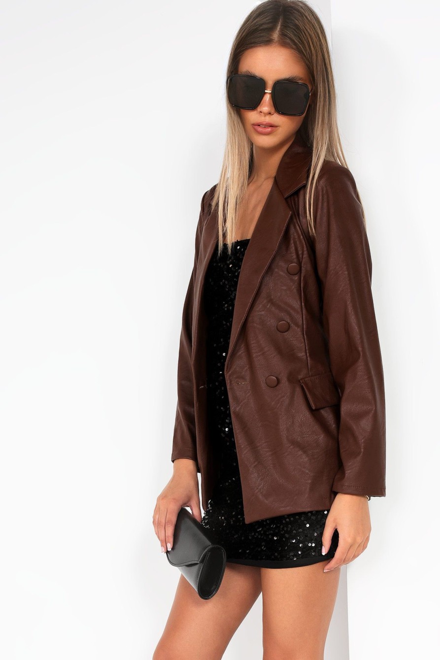 Clothing Willy Z | Jillian Chocolate Faux Leather Blazer