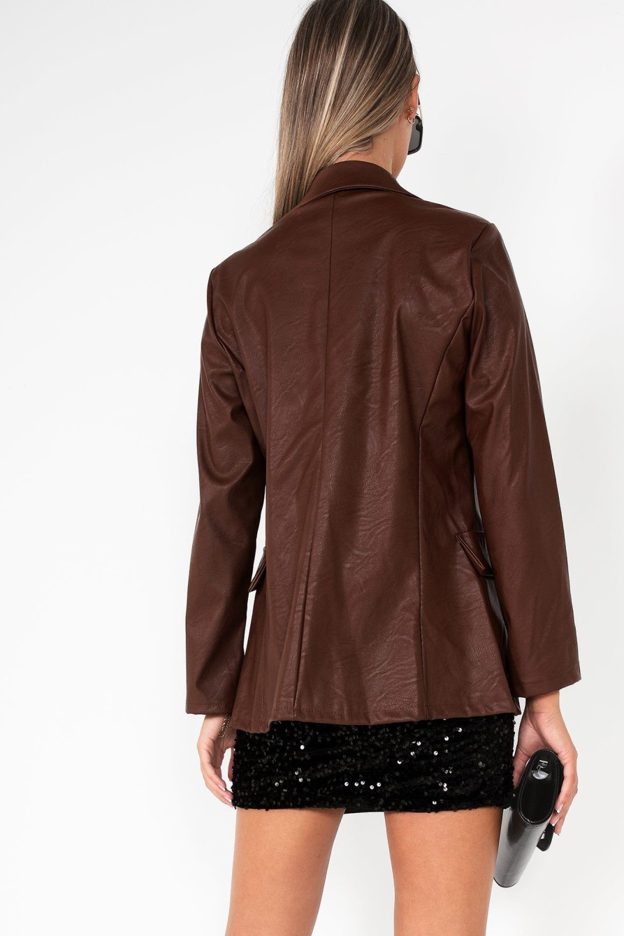 Clothing Willy Z | Jillian Chocolate Faux Leather Blazer