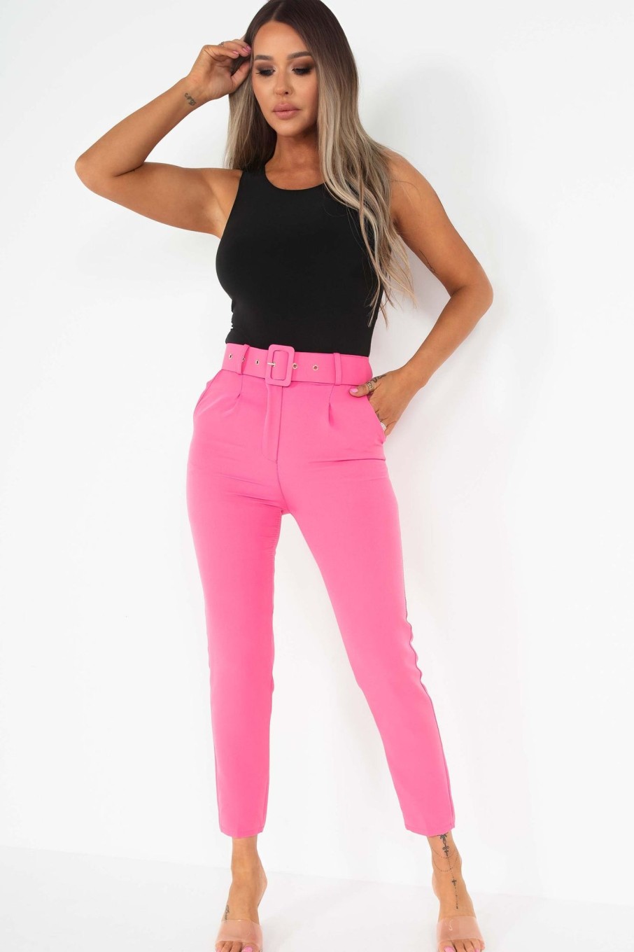 Clothing LustStyle | Brinley Pink Belted Cigarette Trousers