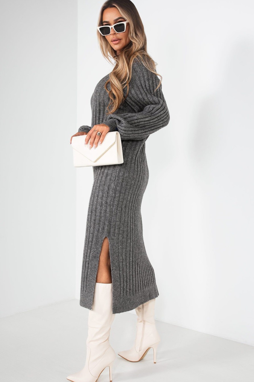 Clothing Copper Rose | Phyllis Grey Knit Ribbed Dress