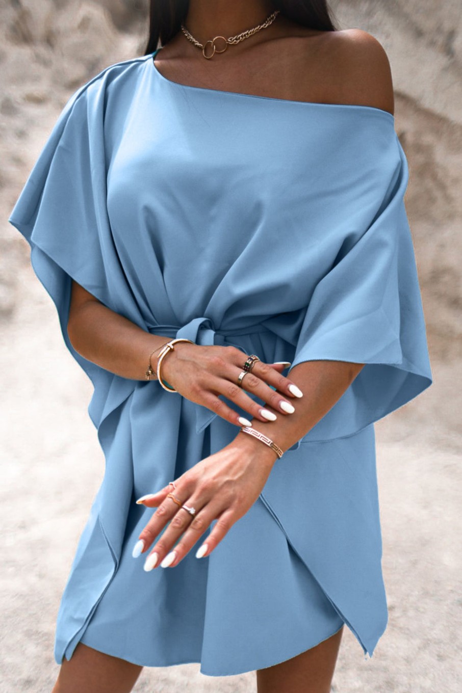 Clothing Willy Z | Sophia Powder Blue Batwing Belted Mini Dress