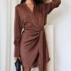 Clothing AX Paris | Ax Paris Peggy Chocolate Satin Wrap Dress