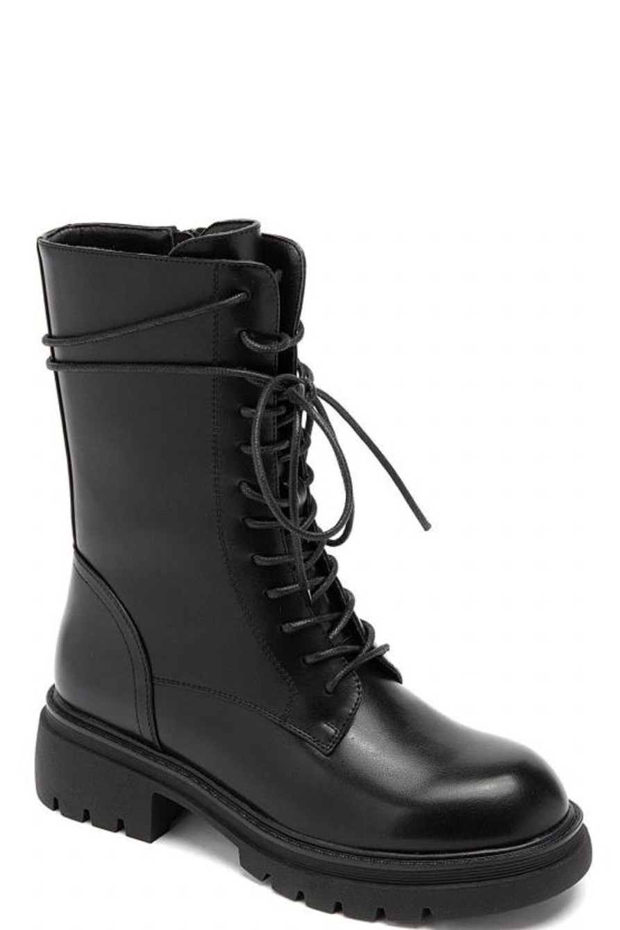 Clothing Ideal | Rhea Black Faux Leather Biker Boots