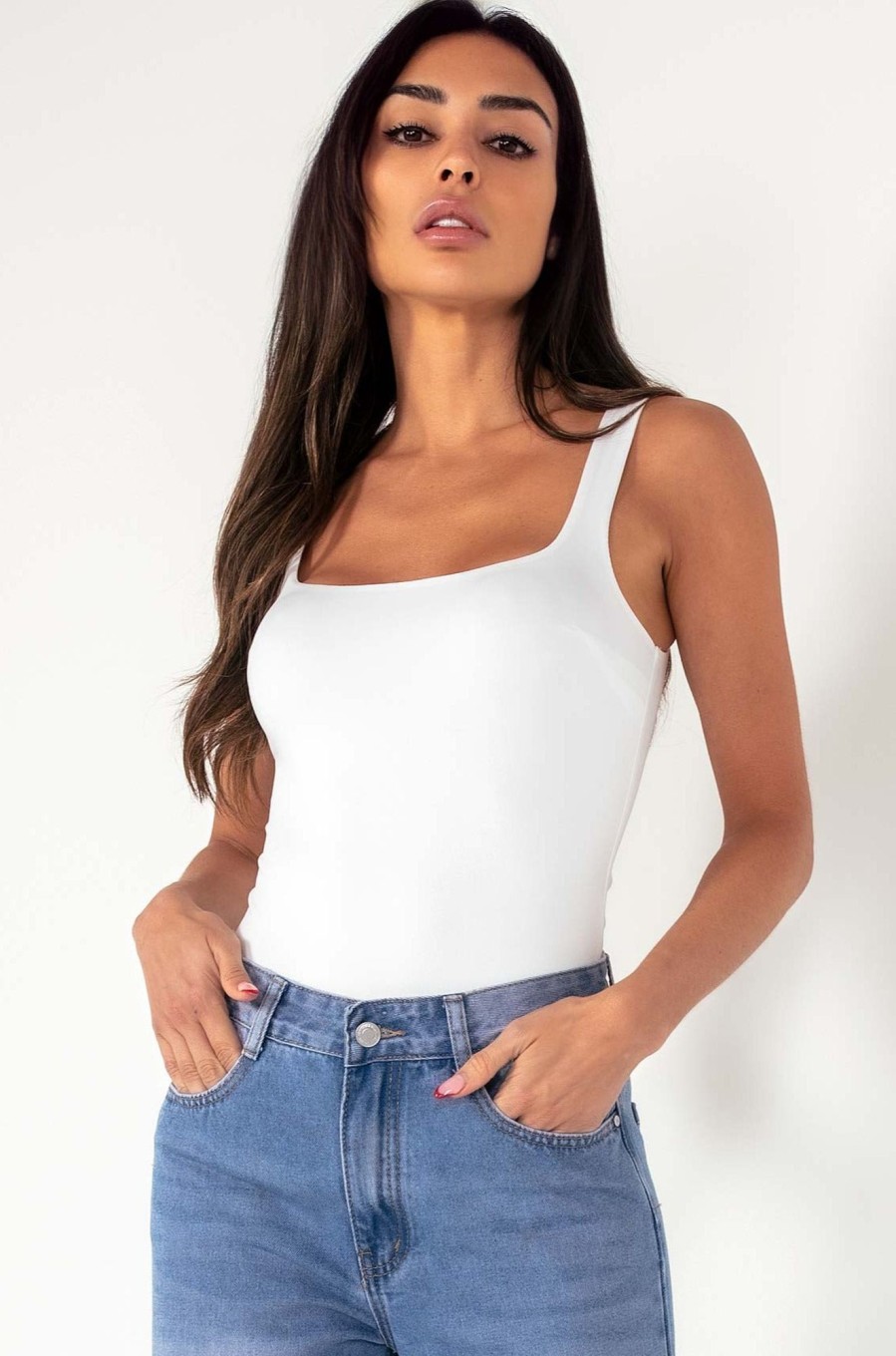 Clothing Vera u0026 Lucy | Helena White Scoop Neck Slinky Bodysuit