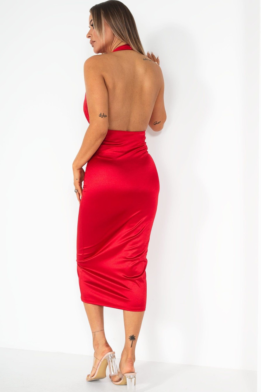 Clothing Copper Rose | Quintina Red Satin Halter Neck Dress