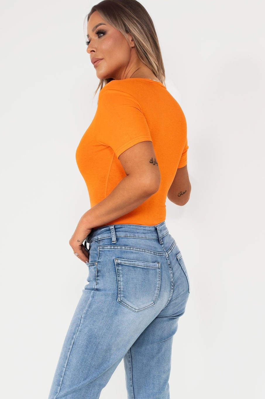 Clothing Vera u0026 Lucy | Blair Orange Short Sleeve Bodysuit