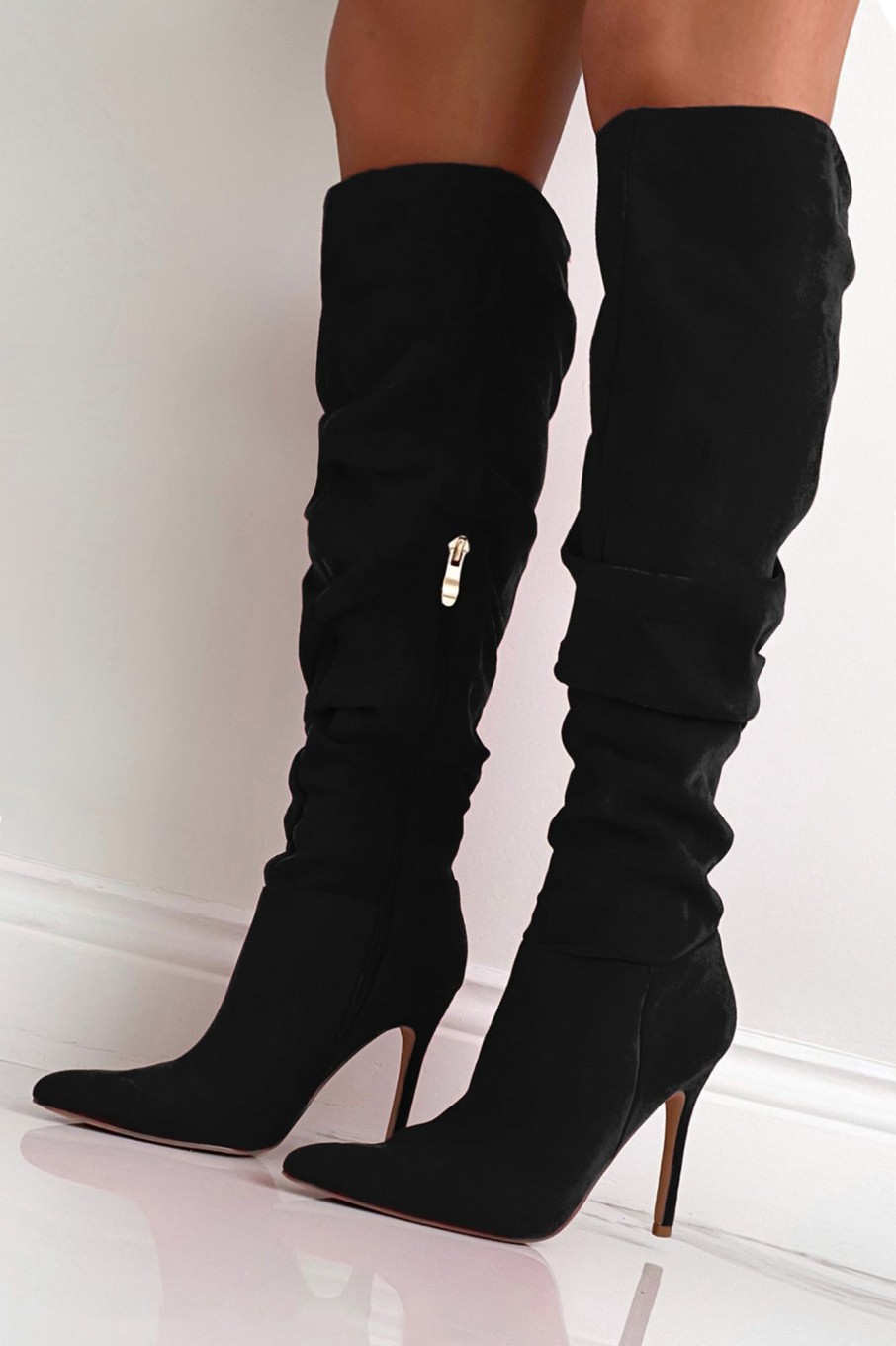 Clothing Girl Hood | Lola Black Suedette Slouch Knee Boots