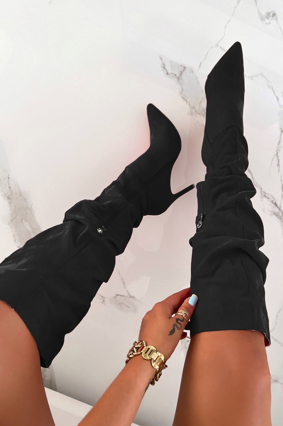 Clothing Girl Hood | Lola Black Suedette Slouch Knee Boots