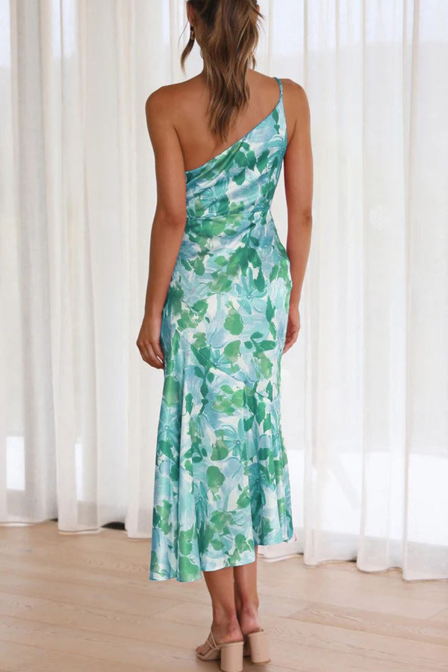 Clothing Moguland | Hailey Green Satin Print Dress