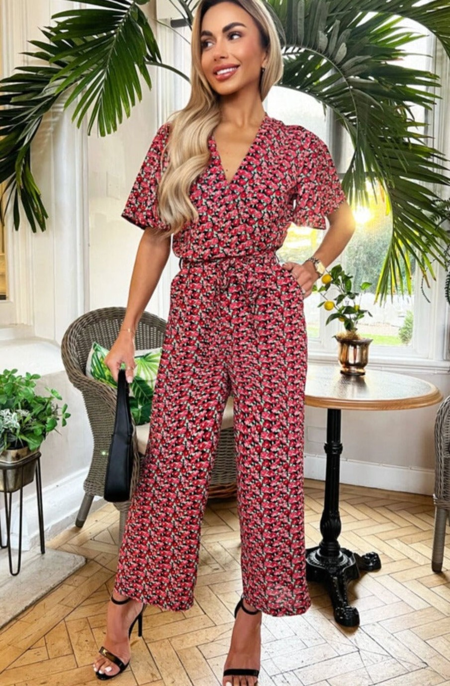 Clothing AX Paris | Ax Paris Alina Red Floral Jumpsuit