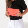 Clothing Koko | Pamela Neon Coral Suedette Gold Trim Clutch