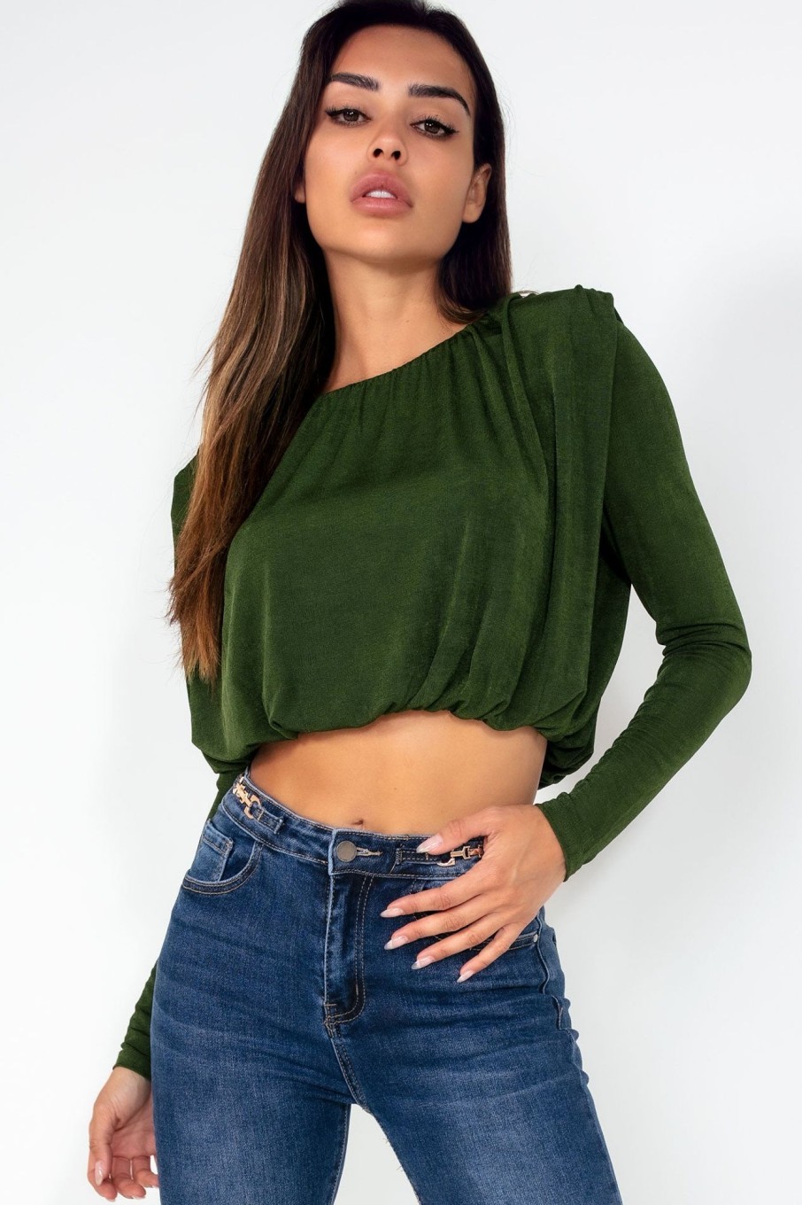 Clothing Vera u0026 Lucy | Shannon Green Padded Shoulder Top