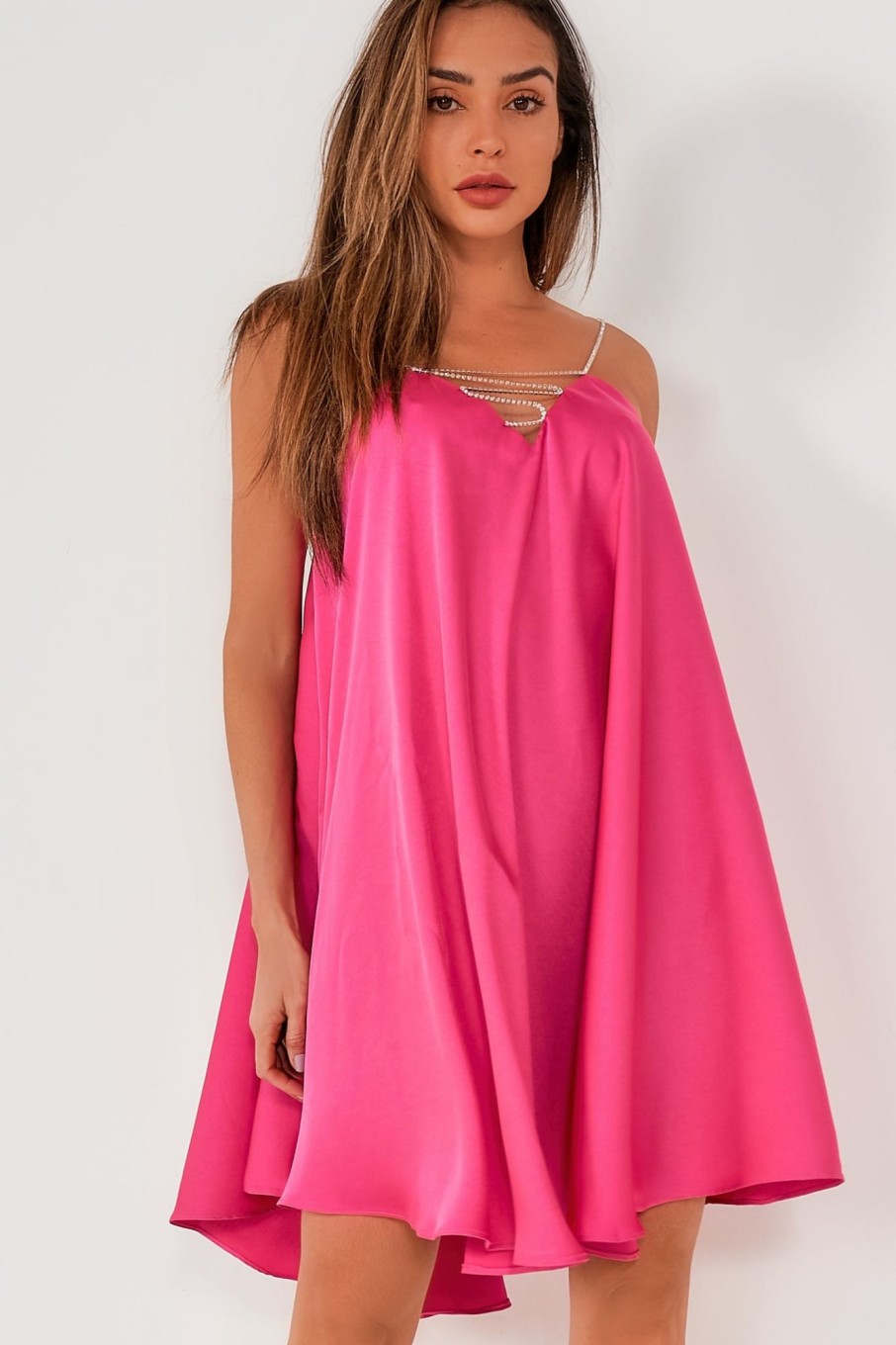 Clothing Elenza | Donna Pink Satin Diamante Mini Dress