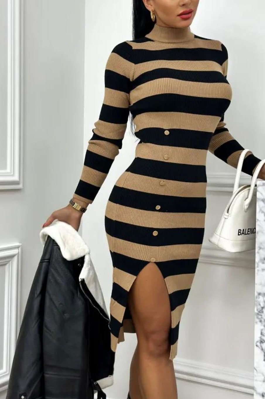 Clothing Giorgia | Talulla Black And Camel Knit Striped Dress