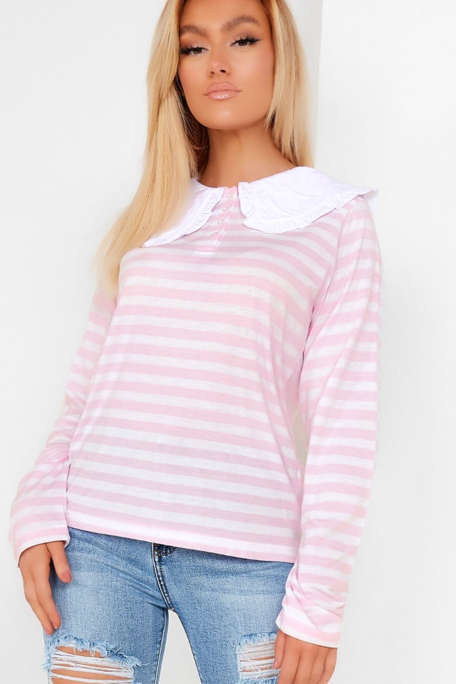 Clothing Influence | Danika Pink Striped Peter Pan Collar Top