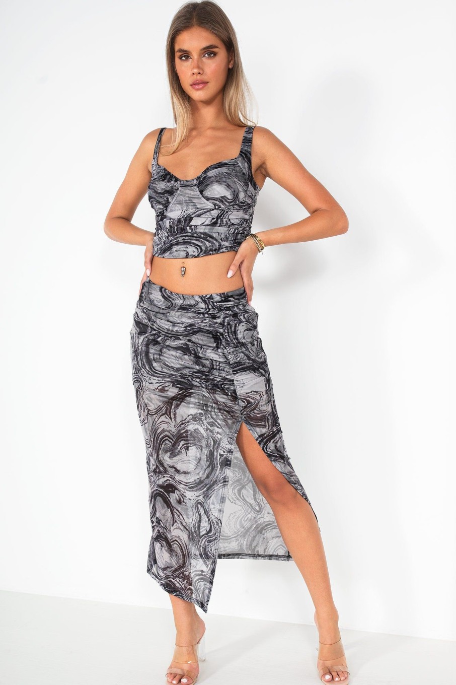 Clothing Vera u0026 Lucy | Reena Black And Grey Mesh Print Skirt