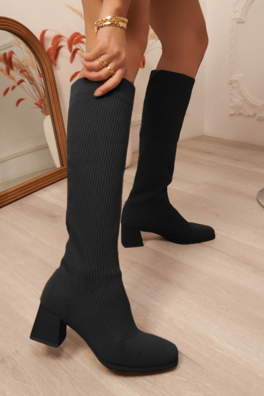 Clothing Ideal | Tessa Black Knit Knee High Boots