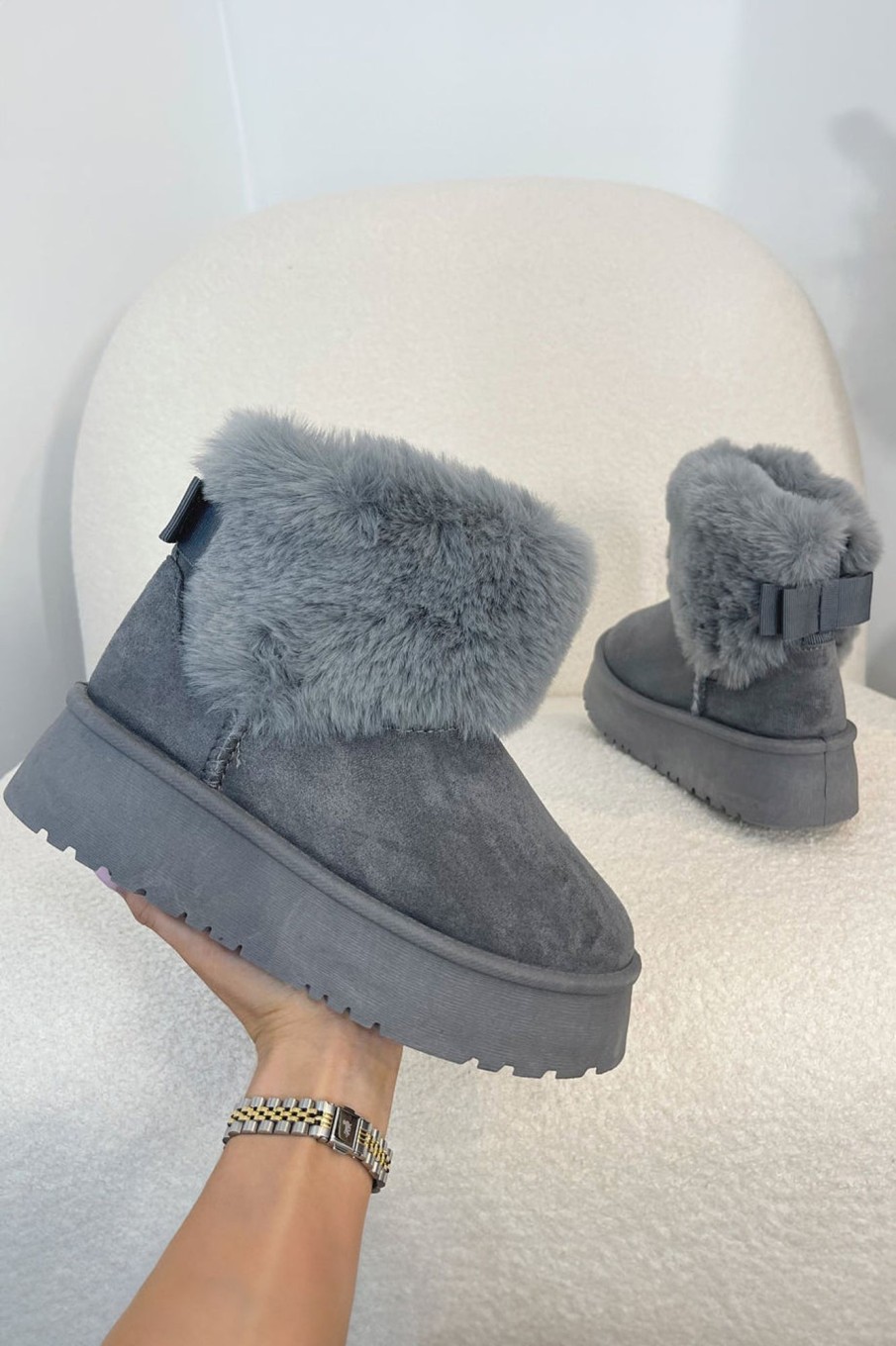 Clothing Ideal | Qyra Grey Suedette Platform Boots