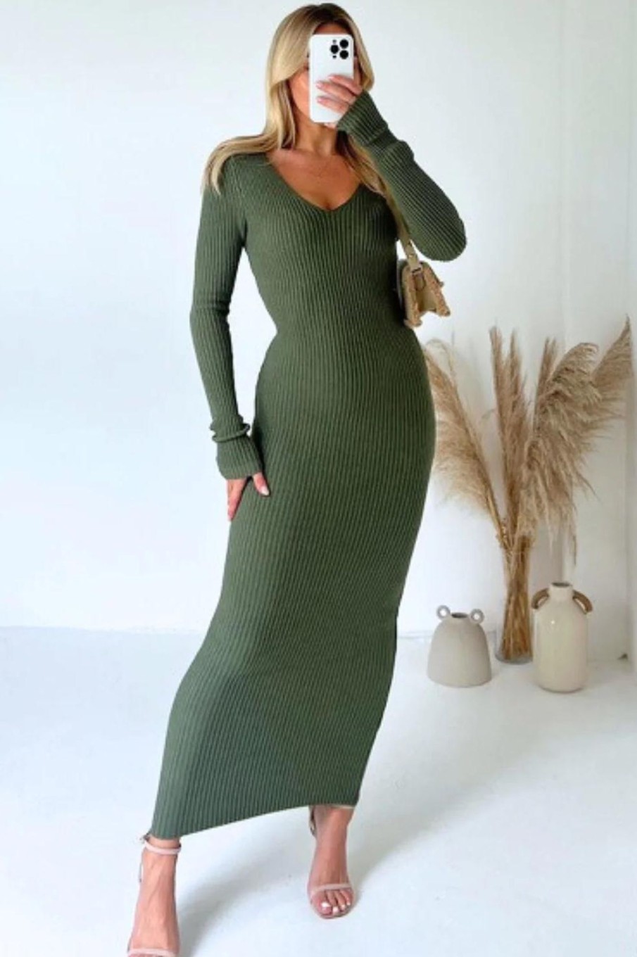 Clothing Copper Rose | Misha Khaki Ribbed Knit Dress