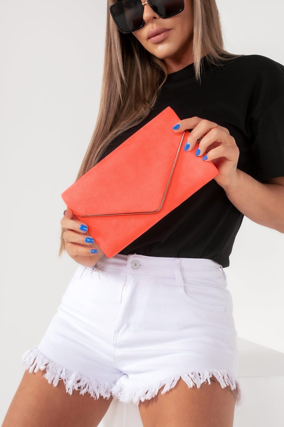 Bags Koko | Pamela Neon Coral Suedette Gold Trim Clutch