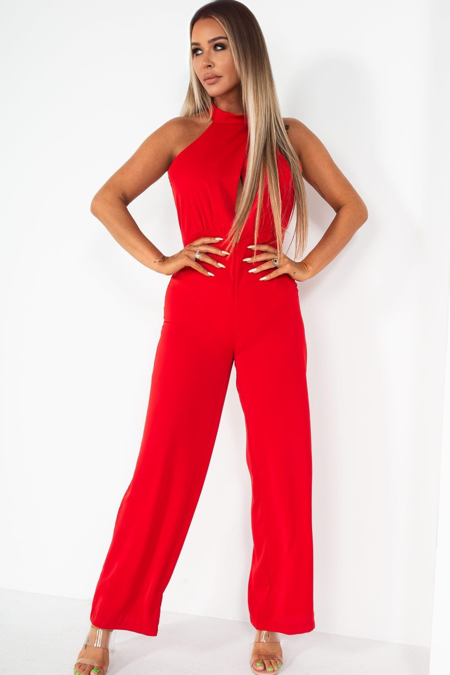 Clothing Copper Rose | Adele Red Wide Leg Jumpsuit