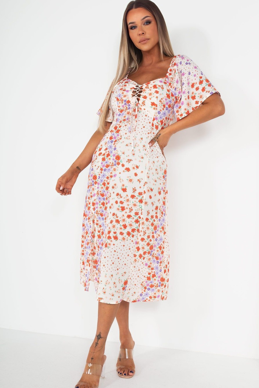 Clothing Influence | Zora Orange And Purple Floral Dress